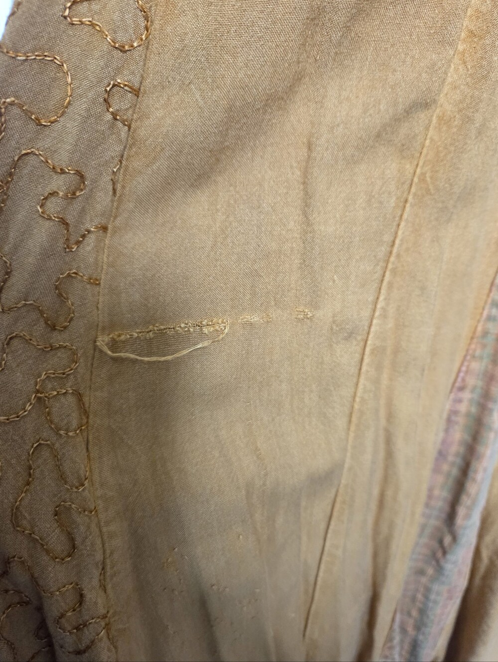 Vintage Mustard Embroidered Plaid Maxi Dress With A Belt In Back Bohemian - Picture 11 of 15